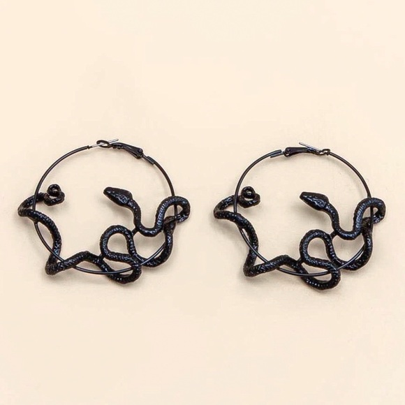 Black Coiled Serpent Hoop Earrings - Picture 3 of 7